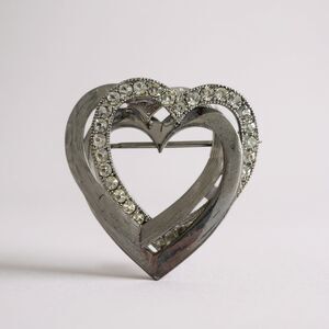 Triple Heart Intertwined Brooch Silver Tone Rhinestone Lapel Pin